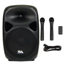 Load image into Gallery viewer, Pair of Powered 15 Inch PA Speaker - Rechargeable with 2 Mics, Remote and Bluetooth
