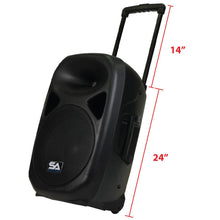 Load image into Gallery viewer, Pair of Powered 15 Inch PA Speaker - Rechargeable with 2 Mics, Remote and Bluetooth
