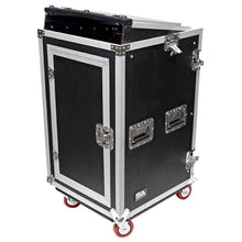 Load image into Gallery viewer, 16 Space Rack Case with 10 Space Slant Mixer Top and DJ Work Table
