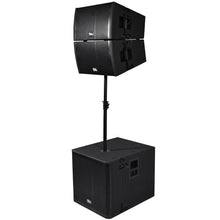 Load image into Gallery viewer, Powered 18 Inch Line Array Subwoofer, Two Powered 12 Inch Line Array Speakers and Mounting Pole
